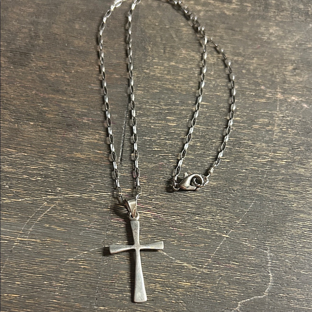 Sterling Silver Cross Pendant Necklace Small Paperclip Style Chain